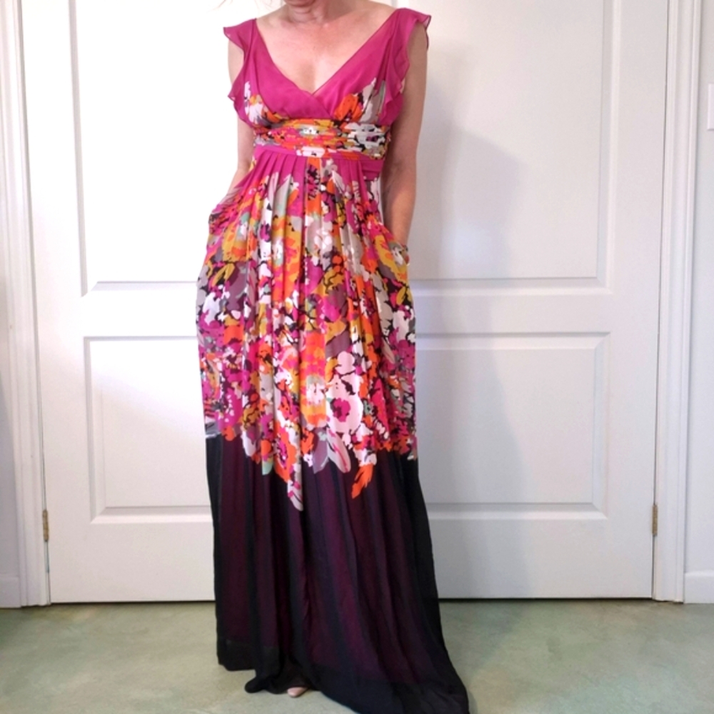 BCBG | Pink & Black Silk Chiffon Gown w/ Floral Print & Pockets | Size 2